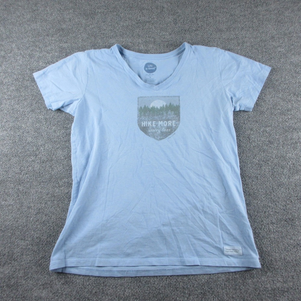 Life Is Good Shirt Womens M Blue V Neck Short Sleeve Hike More Graphic Tee